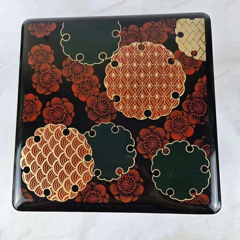 Vintage MMA Japanese Tiered Stacking Box Lacquered Red Black Gold Floral 1992